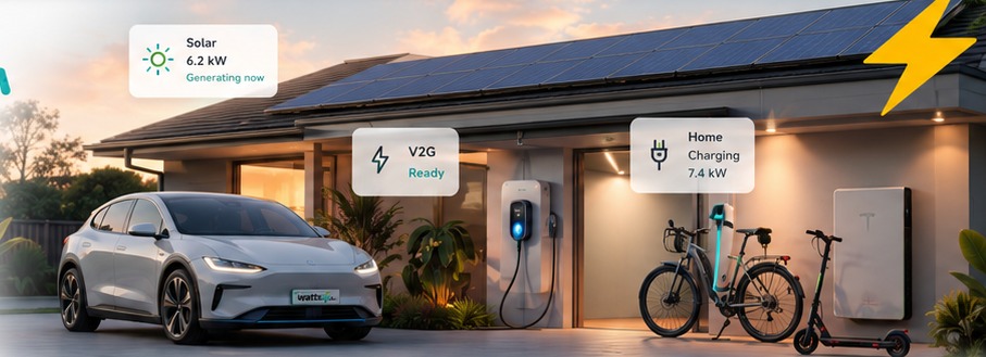 A modern electric home with solar panels, EV charger, electric car, e-bike and e-scooter